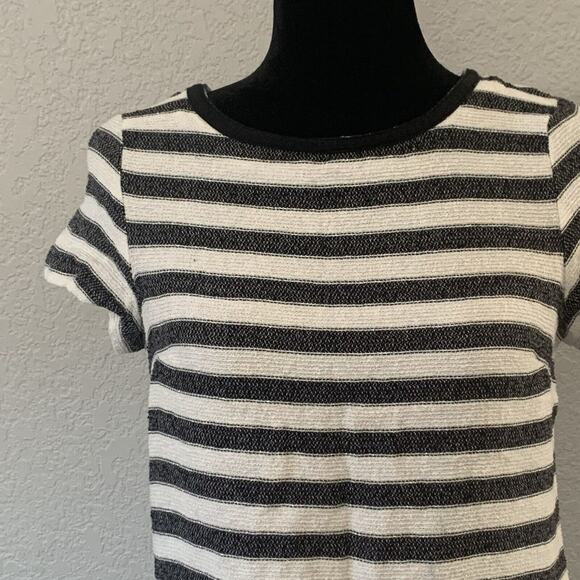 New York & Company Blouse Small Black White Striped Zipper Cotton Blend - Picture 2 of 9
